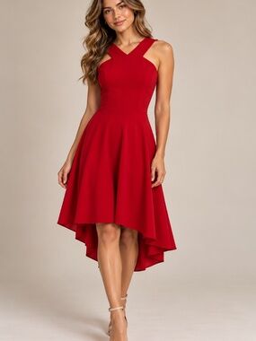 QUIZ Red Scuba High Neck Fit & Flare High Low Occasion Dress Size 4 NWT